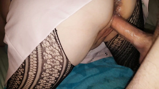 Sex in pink leather skirt cum over it