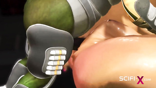 SCIFI-X - Super-Hot bang-out with alien. A handsome towheaded has mischievous drill with a green alien in a spaceship