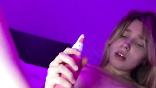 young taut ash-blonde is frolicking with her love button with a ginormous plaything