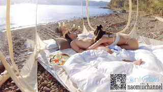 ロマンティックな透明テントで中出しセックス。完全プライベートビーチでイチャラブ。バック・正常位・騎乗位でがちいき。ドローンハメ撮り！日本人カップル/素人/パイパン/素人/スタイル抜群/巨乳/ハーフ美女