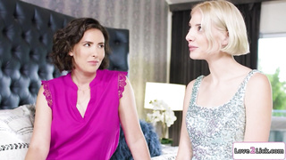 Petite tailor licking a tall girl pussy