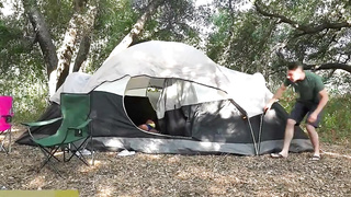 Big-Chested damsel is deep throating a monstrous, rock hard penis in the tent, before getting jammed with it