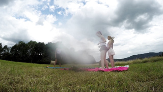 Yoga and Gymnastics Outdoors sans Underpants in College Uniform Mini-Skirt with Steamy Cock-Squeezing Poon Women