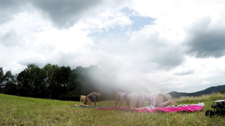 Yoga and Gymnastics Outdoors sans Underpants in College Uniform Mini-Skirt with Steamy Cock-Squeezing Poon Women