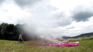 Yoga and Gymnastics Outdoors sans Underpants in College Uniform Mini-Skirt with Steamy Cock-Squeezing Poon Women