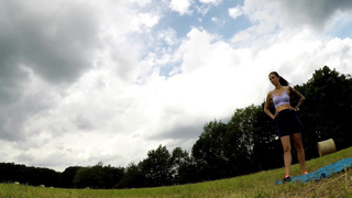 Yoga and Gymnastics Outdoors sans Underpants in College Uniform Mini-Skirt with Steamy Cock-Squeezing Poon Women