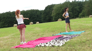 Yoga and Gymnastics Outdoors sans Underpants in College Uniform Mini-Skirt with Steamy Cock-Squeezing Poon Women