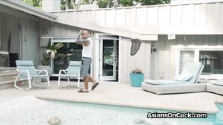 Pool side big black cocking of Asian bikini beauty