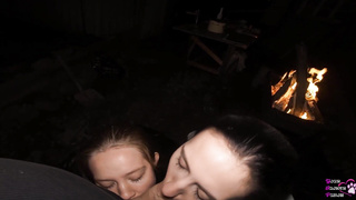 FFM 3 Way Throating on the Backyard - Outdoor Dual Suck Off - Blow-Job Internal Ejaculation