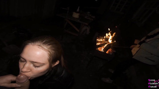 FFM 3 Way Throating on the Backyard - Outdoor Dual Suck Off - Blow-Job Internal Ejaculation