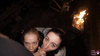 FFM 3 Way Throating on the Backyard - Outdoor Dual Suck Off - Blow-Job Internal Ejaculation