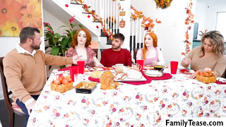 Stepsisters blowjob stepbro under table