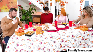 Stepsisters blowjob stepbro under table