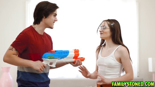 Puny breasted nubile dark haired is fapping with her step- brother-in-law, on the sofa, just for joy