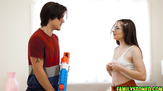 Puny breasted nubile dark haired is fapping with her step- brother-in-law, on the sofa, just for joy