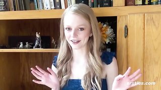 Diminutive platinum-blonde stunner is about to be mischievous in front of the camera, for the very first time