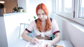 College Girl draws a coloring Book and Stretches her gams when a boy comes for Internal Cumshot