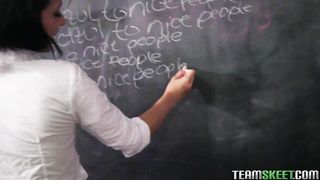 Lovely college girl in brief mini-skirt providing head