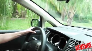 Big-Titted GIRLFRIEND pumping gas and fellating pink cigar in a van