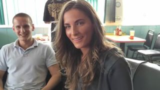 Swallowing milkshake while her orbs are out