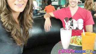 Swallowing milkshake while her orbs are out