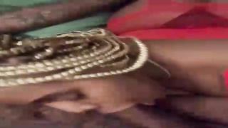 Ebony honey with ash-blonde hair is impatiently blowing a good-sized, black man rod as deep as she can