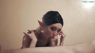 Super-Naughty Elf is getting down on all fours in front of a naughty fellow while throating his manhood, like a professional