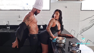 Cheating dame receives a call from her spouse when she is banging with the chef - Mariana Martix