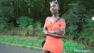 Public Agent Ebony model Zaawaadi taken into the forest for stiff outdoor poking