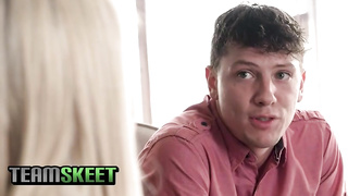 Frolic blondie student is getting down on all fours in front of a killer man while inhaling his boner