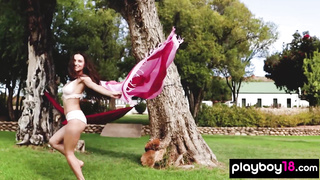 babe flashes her tits at lavender field