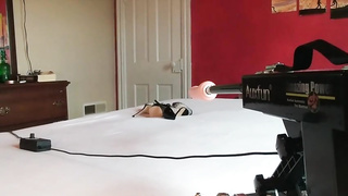 Excellent looking gal in footwear with high stilettos is using a boink machine to make herself jizm