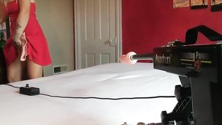 Excellent looking gal in footwear with high stilettos is using a boink machine to make herself jizm