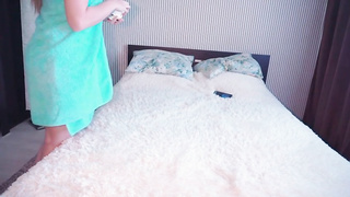 Diminutive boobed towheaded is wanking early in the morning and bellowing from elation while spunking