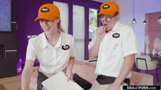 Girl licked and fucked by 2 technicians