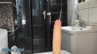 Tiny Crimson Railing Bondage Mask deep-throats manstick in the shower and rails a faux-cock on the wc