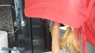 Tiny Crimson Railing Bondage Mask deep-throats manstick in the shower and rails a faux-cock on the wc