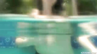 Puny boobed, German brown-haired is jerking in the swimming pool, in the middle of the day