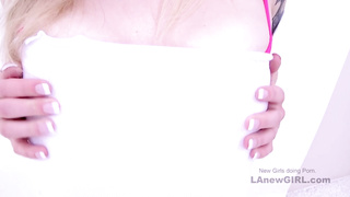 Gorgeous girl with pink socks gives footjob in studio