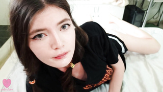 Obscene schoolgirl gal with an guiltless face enjoys to fellate spunk-pump and get jizz on her face after titfuck