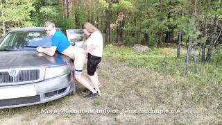 Public The wifey was highly thrilled on the road and penetrated the strap on dildo on the rubber hood of the truck