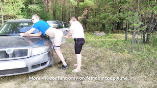 Public The wifey was highly thrilled on the road and penetrated the strap on dildo on the rubber hood of the truck