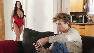 Gorgeous female in crimson sundress and her paramour invited a lady to join them while having romp