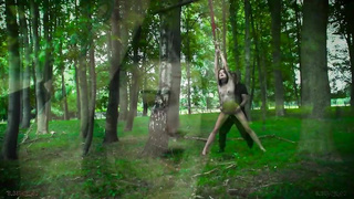 Petite jugged dark-haired with pierced nips got strapped up and smashed in the woods, the other day