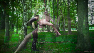 Petite jugged dark-haired with pierced nips got strapped up and smashed in the woods, the other day