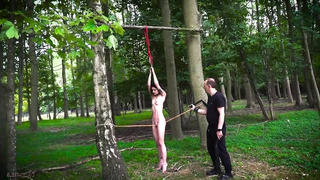 Petite jugged dark-haired with pierced nips got strapped up and smashed in the woods, the other day