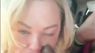 Jaw-Dropping platinum-blonde lady is softly deep-throating a ample, black salami in the truck, like a real professional