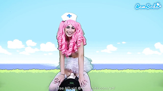 Pinkish haired nurse, Delilah Day is railing a Sybian Saddle and squealing from sheer pleasure while spunking