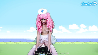 Pinkish haired nurse, Delilah Day is railing a Sybian Saddle and squealing from sheer pleasure while spunking