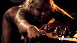 Ball-Gagged German blond is getting frigged and vibed from the back, and bellowing while nutting